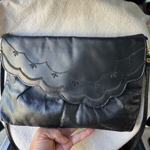 Vintage Crossbody Bag Black Leather Scalloped Embroidered purse Taiwan Clutch